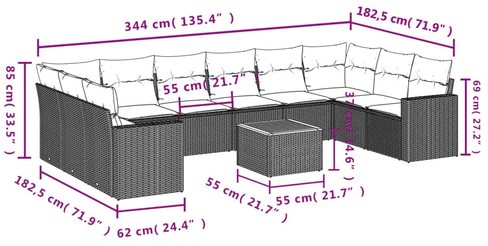 11 pcs conjunto sofás de jardim c/ almofadões vime PE preto