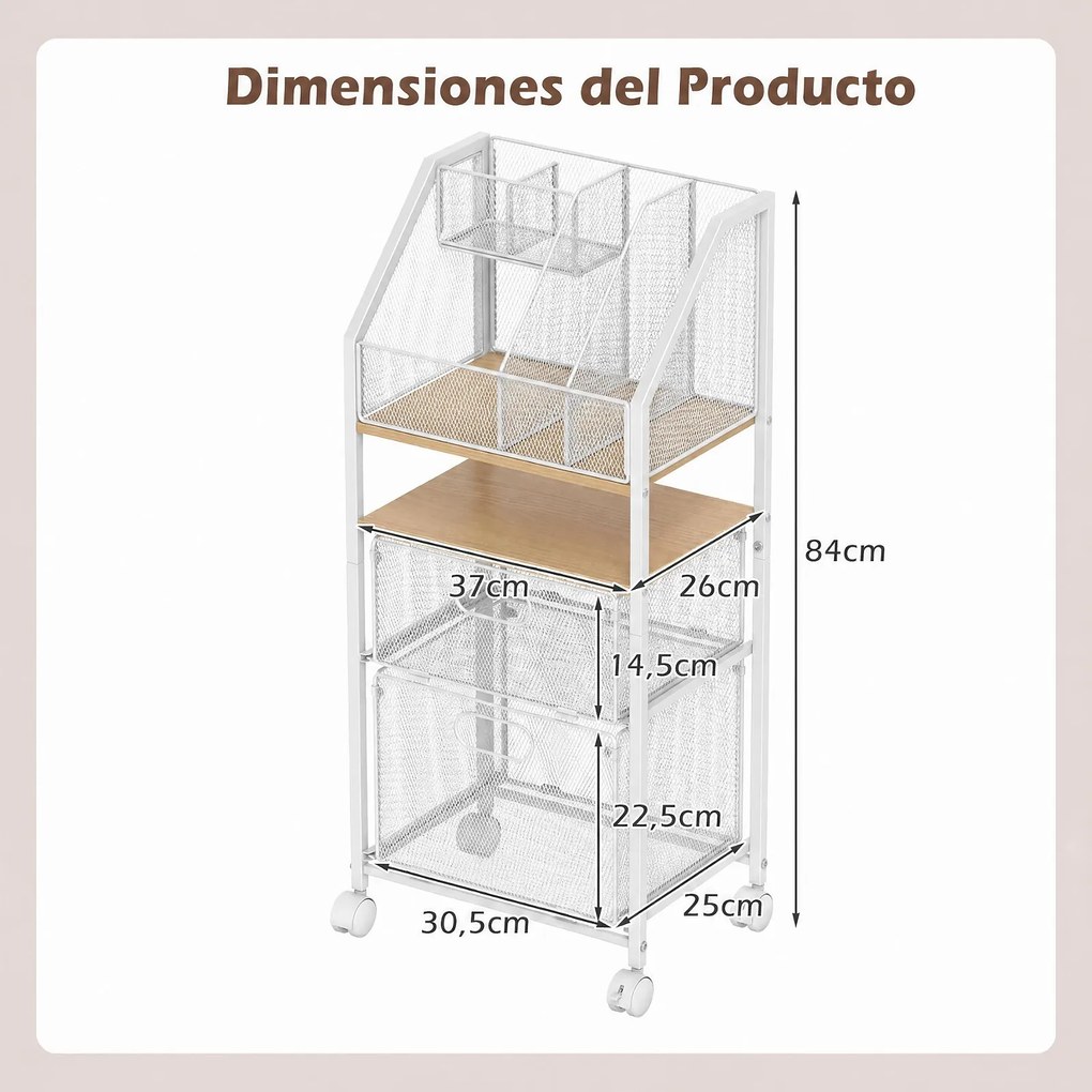 Carrinho de Arrumação, 37 x 26 x 84 cm, 2 Gavetas e Rodas com Travão, Branco