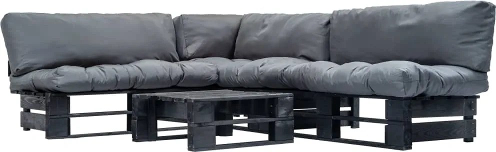 vidaXL Sofás de paletes jardim 4 pcs almofadões cinzentos madeira