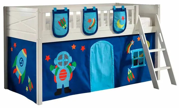 Conjunto cama alta Infantil SCOTT + cortina de brincar ASTRO + 3 bolsos de arrumação Branca