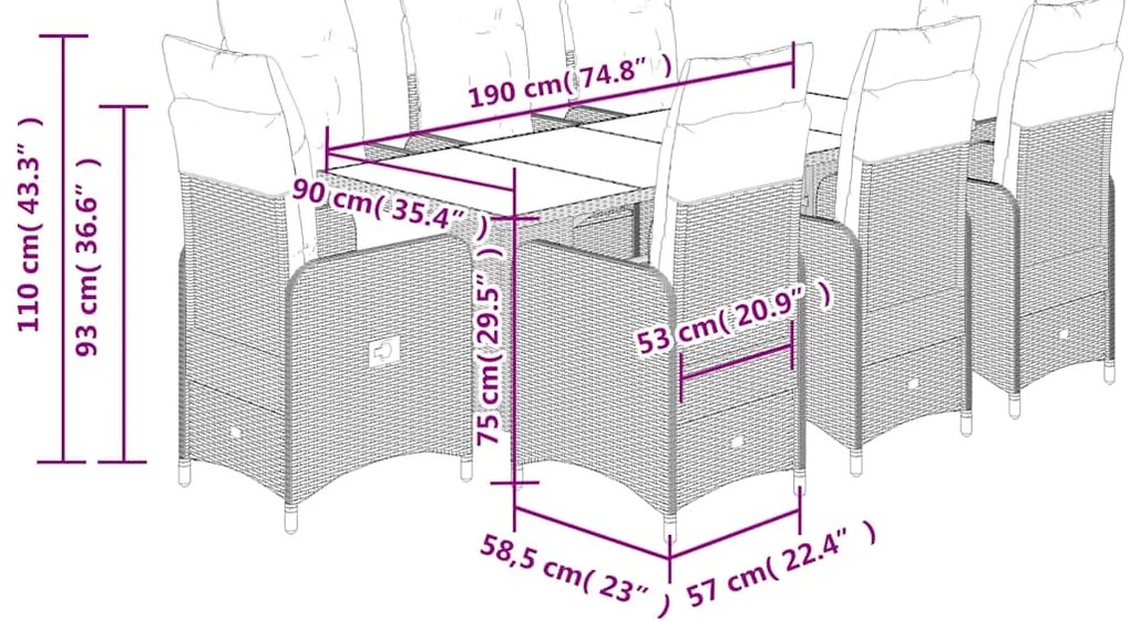 9 pcs conjunto bistrô de jardim c/ almofadões vime PE castanho