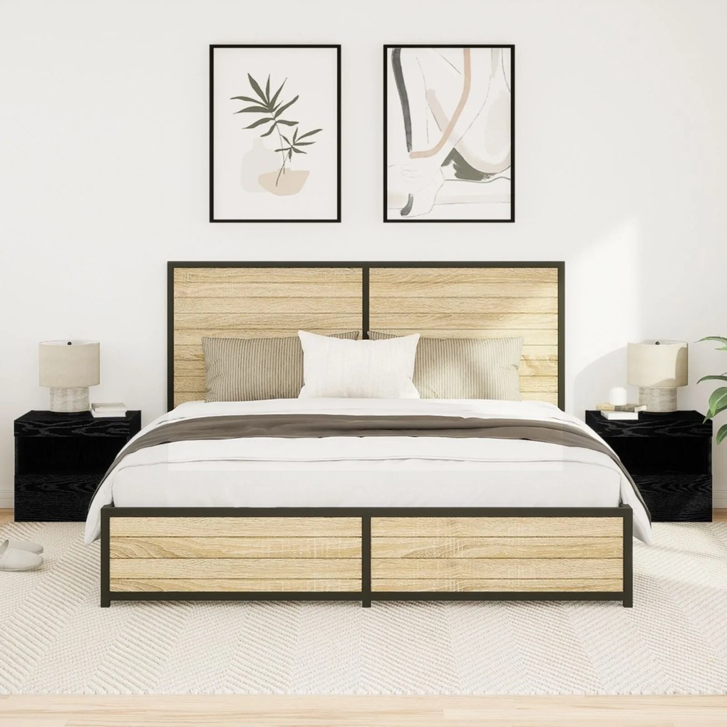Criados-mudos vidaXL com luzes LED 2 pcs Carvalho Preto 50x40x45 cm