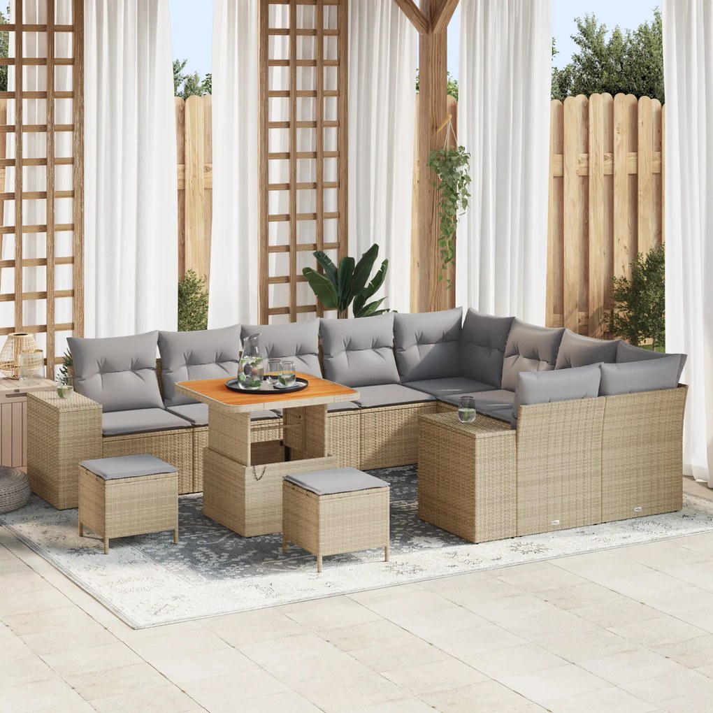 Conjunto de Sofá de Jardim vidaXL de 12 Peças com Almofadas Bege Ratta