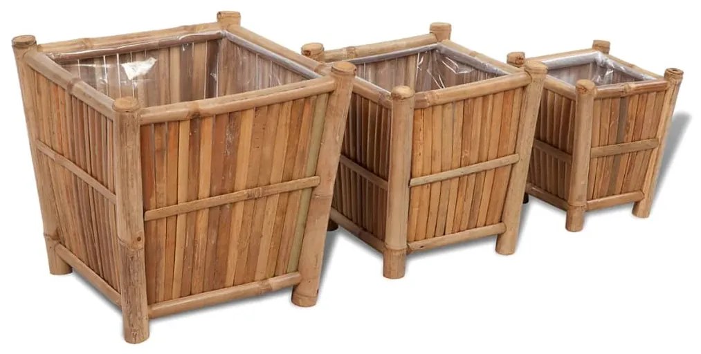 vidaXL Vasos/floreiras em bambu 3 pcs forro de nylon