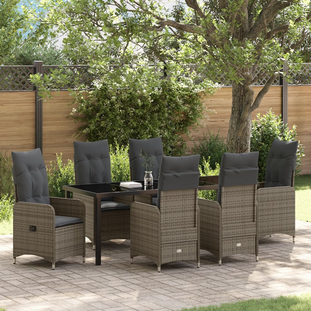 Conjunto de Jantar de Jardim de 7 Peças com Almofadas Cinza Rattan PE