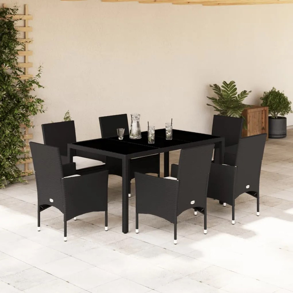 vidaXL 7 pcs conjunto jantar jardim c/almofadões vime PE/vidro preto