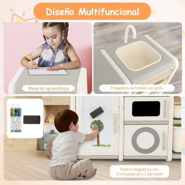 Organizador de arrumação de brinquedos para crianças Estante para crianças com quadro magnético Baú com armarios 116 x 38 x 98 cm Cinzento