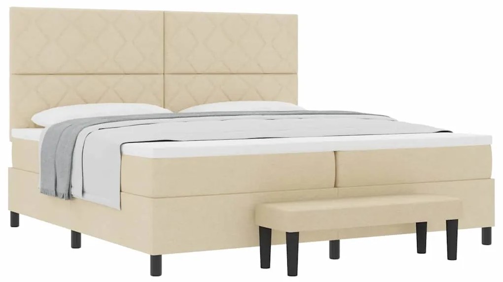 Cama Box Spring com Colchão &amp; Banco Creme 200x200 cm Tecido