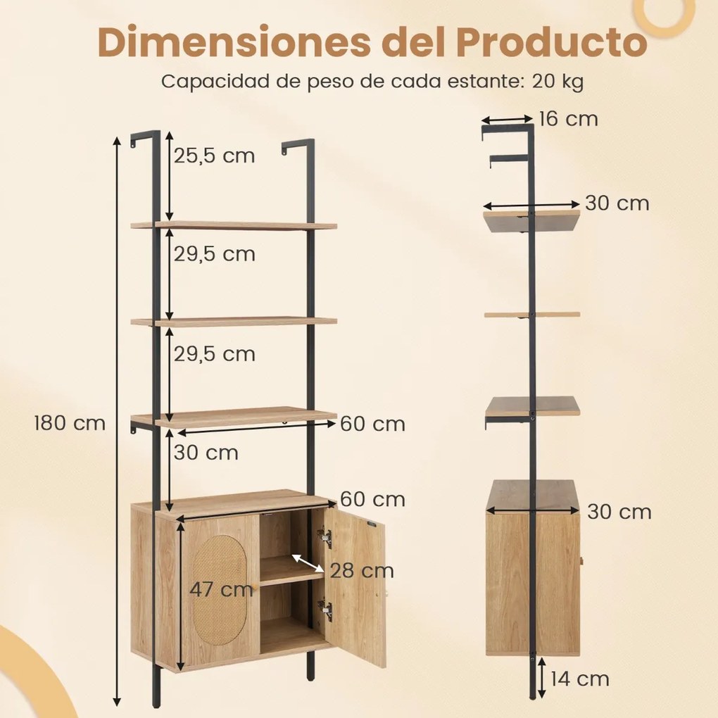 Estante de escada com armário de rattan,  Prateleiras metálicas estáveis abertas 6 níveis para sala de estar Sala de estar Escritório Natural