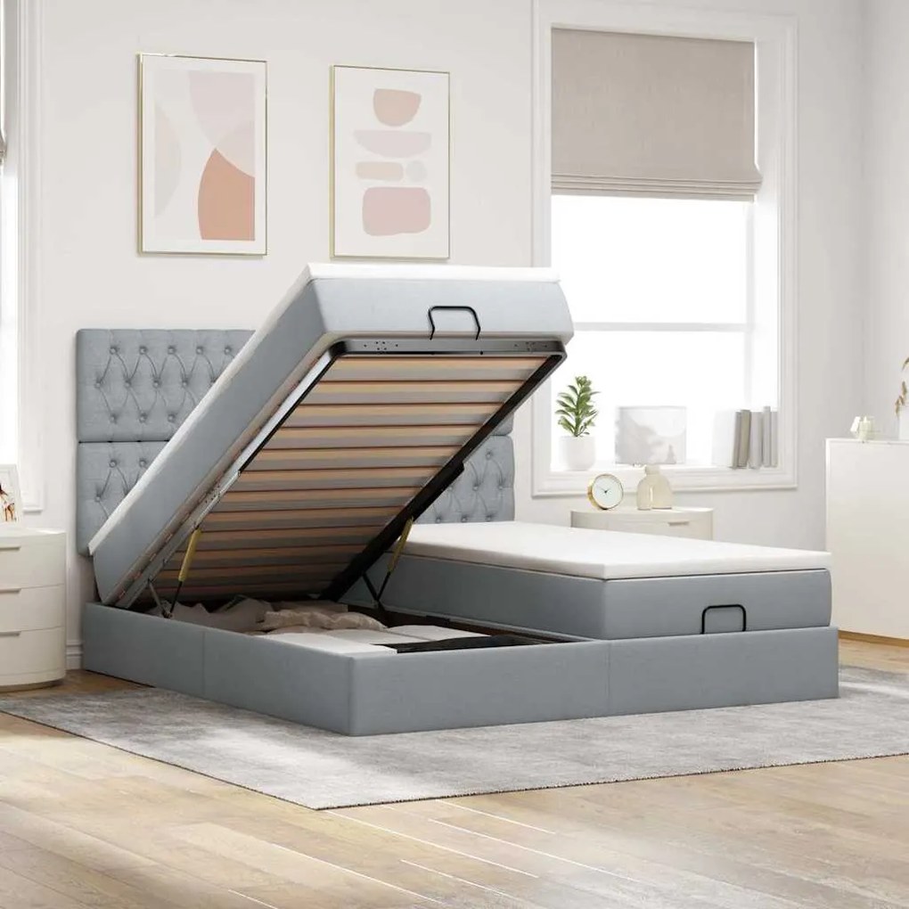 vidaXL Estrutura de cama otomana com colchões tecido cinzento claro