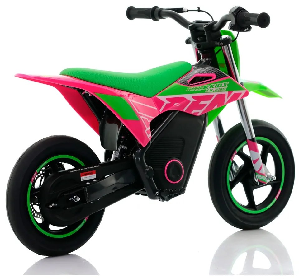 Mini moto eléctrica velocidade até 13 Km/h C/Limitador RFN Warrior Kids SX-E150 150W 12/12” Supermotard Verde / Rosa