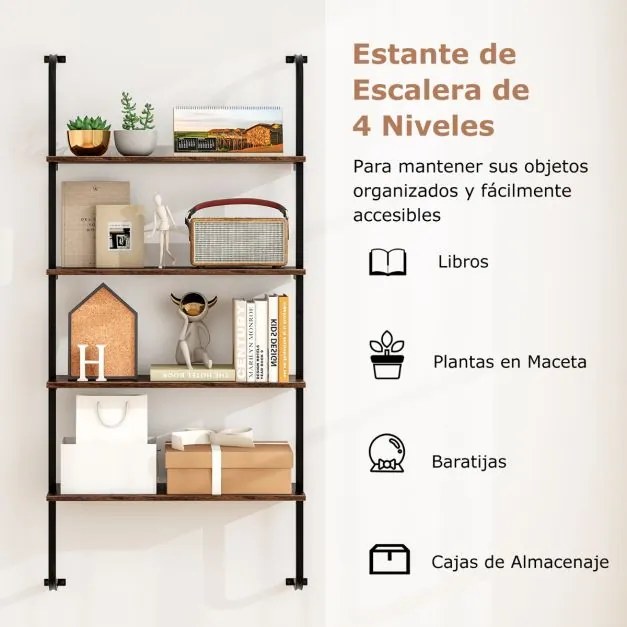 Estante de parede flutuante de 4 níveis Estante tipo escada com Moldura de metal 70 x 20,5 x 150 cm Castanho