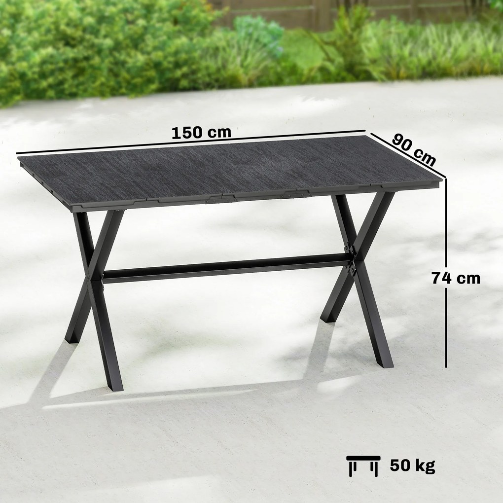 Mesa de Jantar Retangular para Jardim para 6 Pessoas (CADEIRAS NÃO INCLUIDAS) com Tampo de HDPE Efeito Ripas e Estrutura Metálica 150x90x74 cm Preto