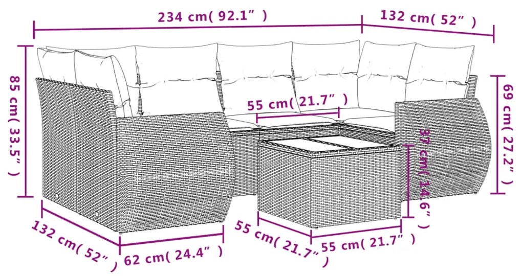 7 pcs conjunto sofás p/ jardim c/ almofadões vime PE cinzento