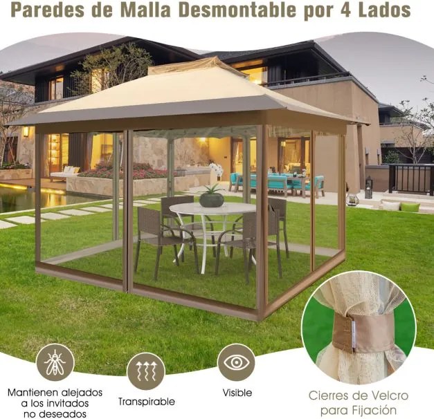 Pérgula jardim dobrável 3,6 x 3,6 m impermeável com 4 redes mosquiteiras em 4 lados e parte superior ventilada Caqui