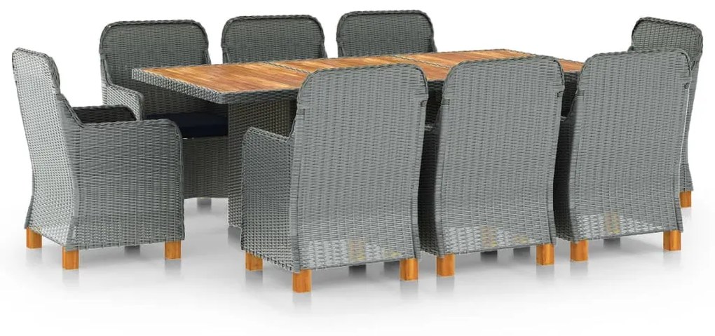 vidaXL 9 pcs conj. jantar exterior + almofadões vime PE cinzento-claro