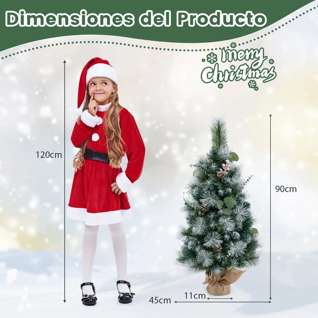 Árvore de Natal artificial pré-iluminada de 90 cm com 98 pontas de PVC com neve e agulhas de pinheiro Bagas 30 luzes LED Verde