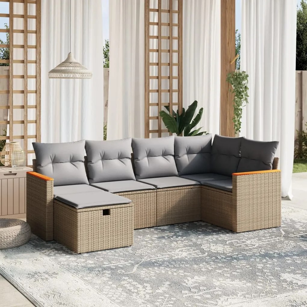 6 pcs conj. sofás jardim c/ almofadões vime PE bege misturado
