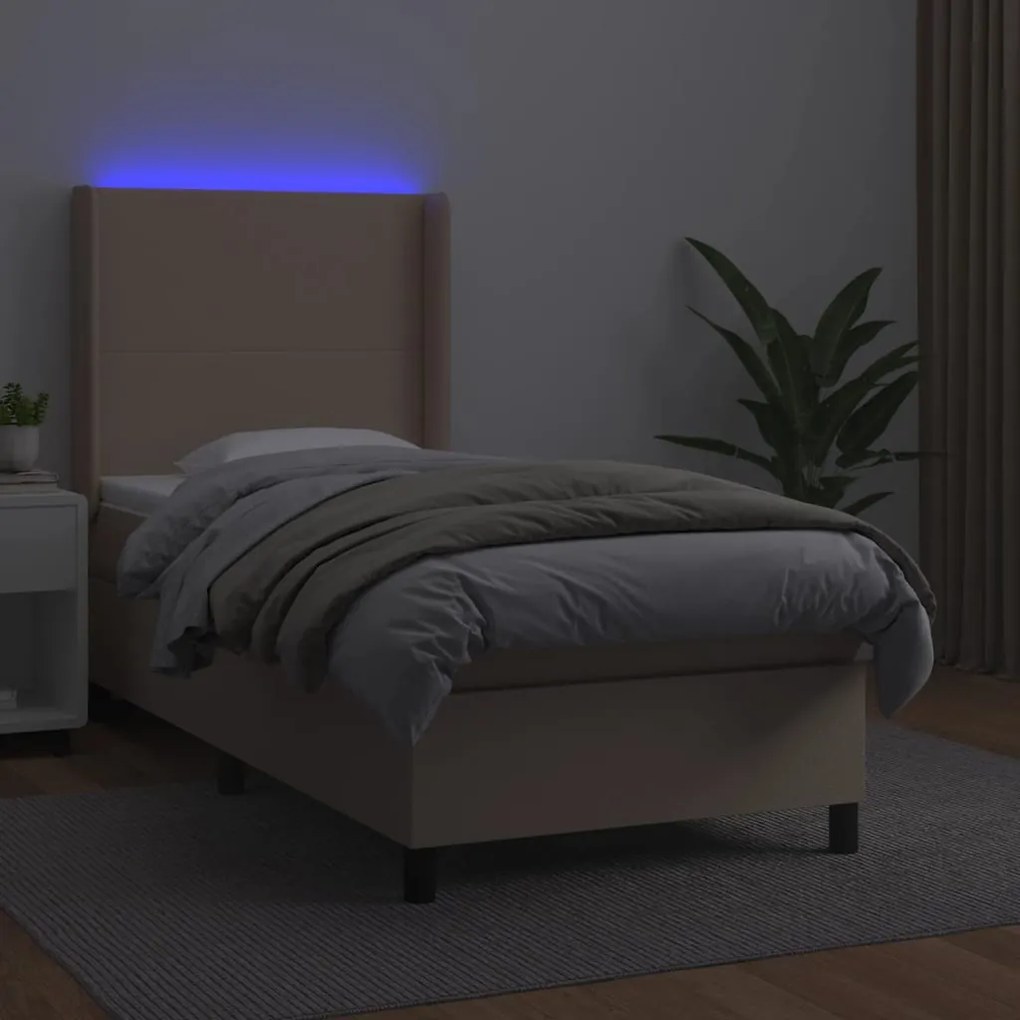 Cama box spring c/ colchão/LED 90x200cm couro artif. cappuccino