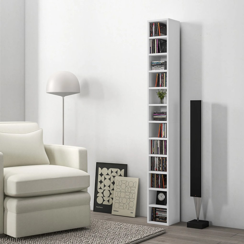 Organizador para CDs e DVDs com 12 compartimentos, capacidade máxima de 204 CDs, 21 x 20 x 175 cm, branco