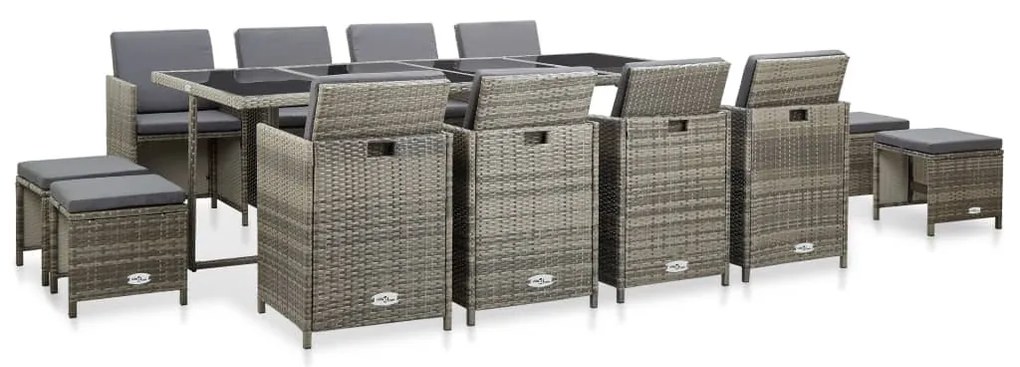 vidaXL 13 pcs conjunto jantar exterior com almofadões vime PE cinzento