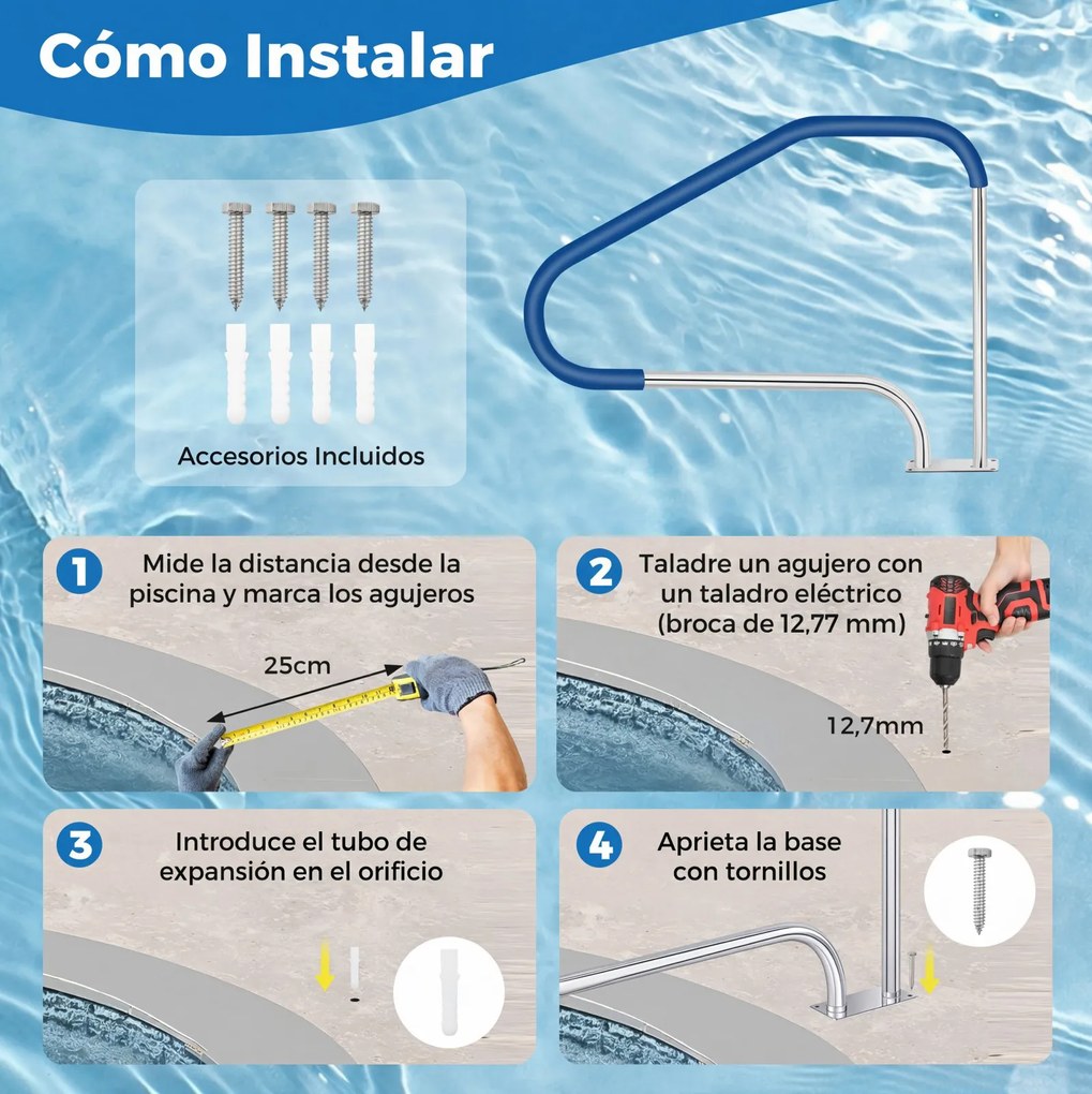 Corrimão de apoio para piscina em aço inoxidável, 119 x 79 cm, com capa antiderrapante e base de instalação rápida, para uso interior e exterior Prate