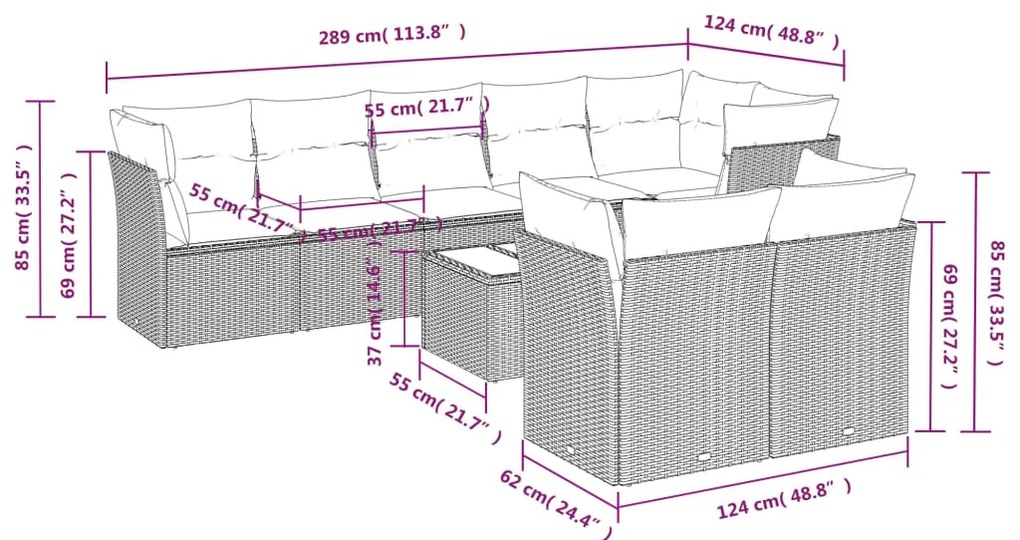 9 pcs conjunto de sofás p/ jardim c/ almofadões vime PE preto