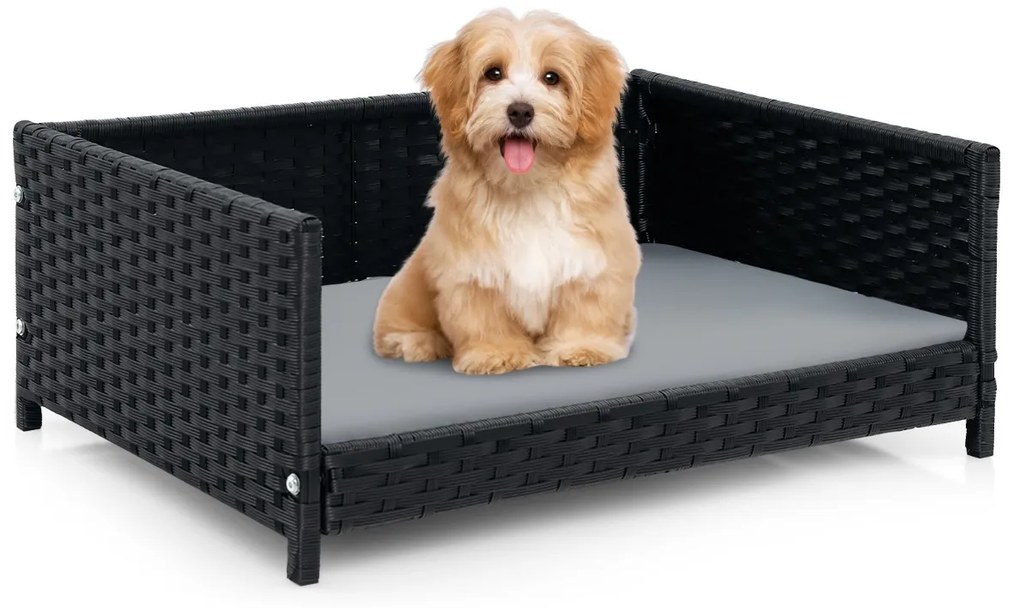 Sofá-cama para animais de estimação em vime tecido à mão com almofada macia impermeável Estrutura metálica impermeável para pátio e varanda 62 x 46 x