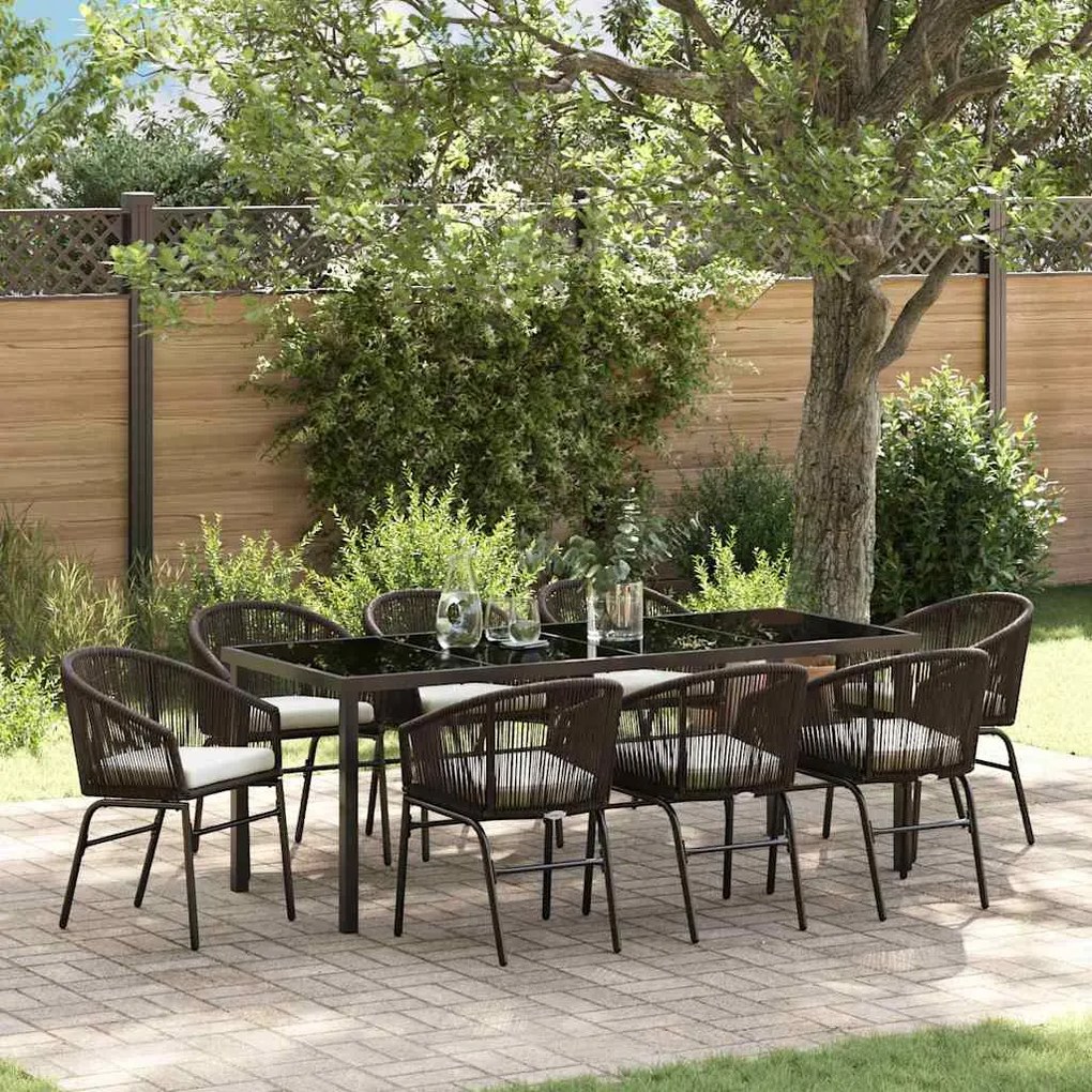 vidaXL Conjunto de jantar de jardim 9 peças, em rattan e poliéster castanho.