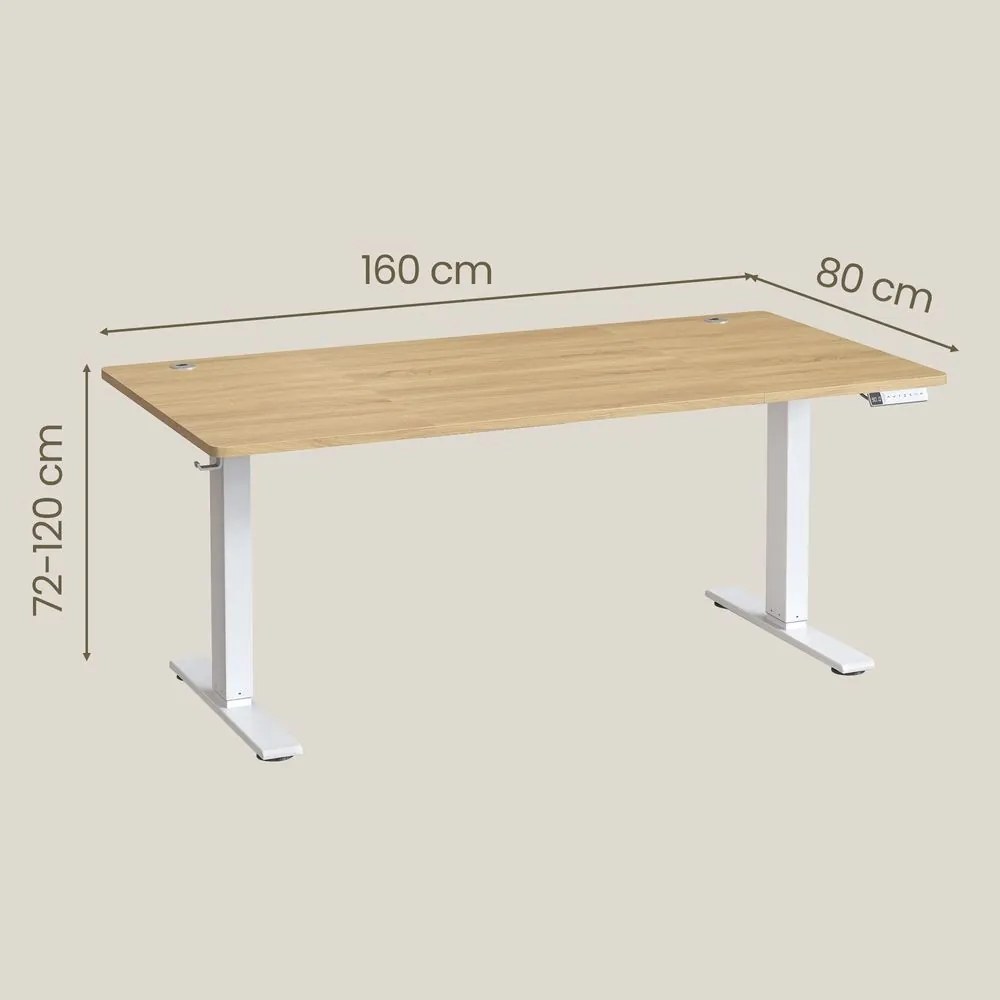 Secretária elétrica com regulação elétrica da altura, 160 x 80 x (72-120) cm, com porta USB-C tom de carvalho dourado e branca