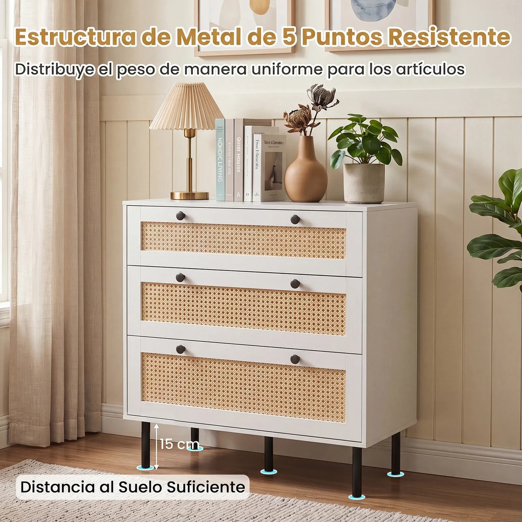 Cómoda de 3 Gavetas, 75 x 35 x 77,5 cm, Frentes com Imitação de Vime, Branco