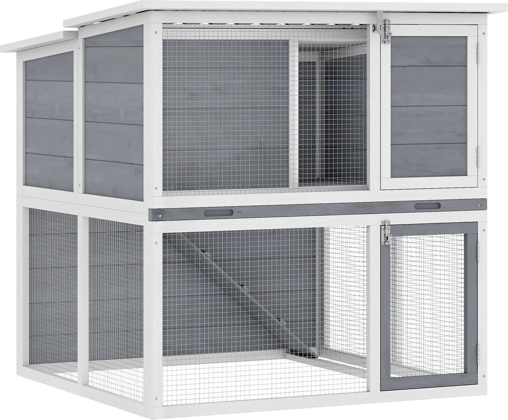 PawHut Viveiro para coelhos 2 andares em madeira com telhado rebatível à prova de intempéries, recinto externo, rampa, 98x95x102,5 cm Cinza | Aosom Portugal