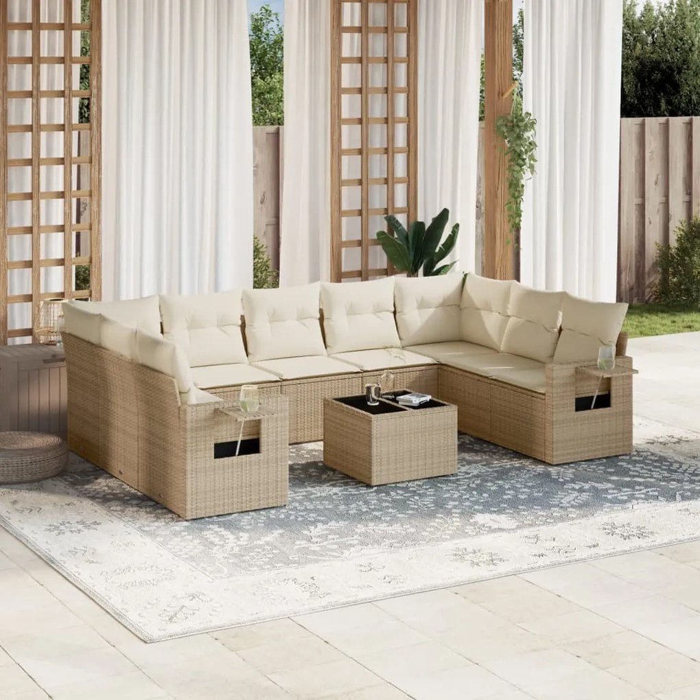 vidaXL 10 pcs conjunto de sofás p/ jardim com almofadões vime PE bege