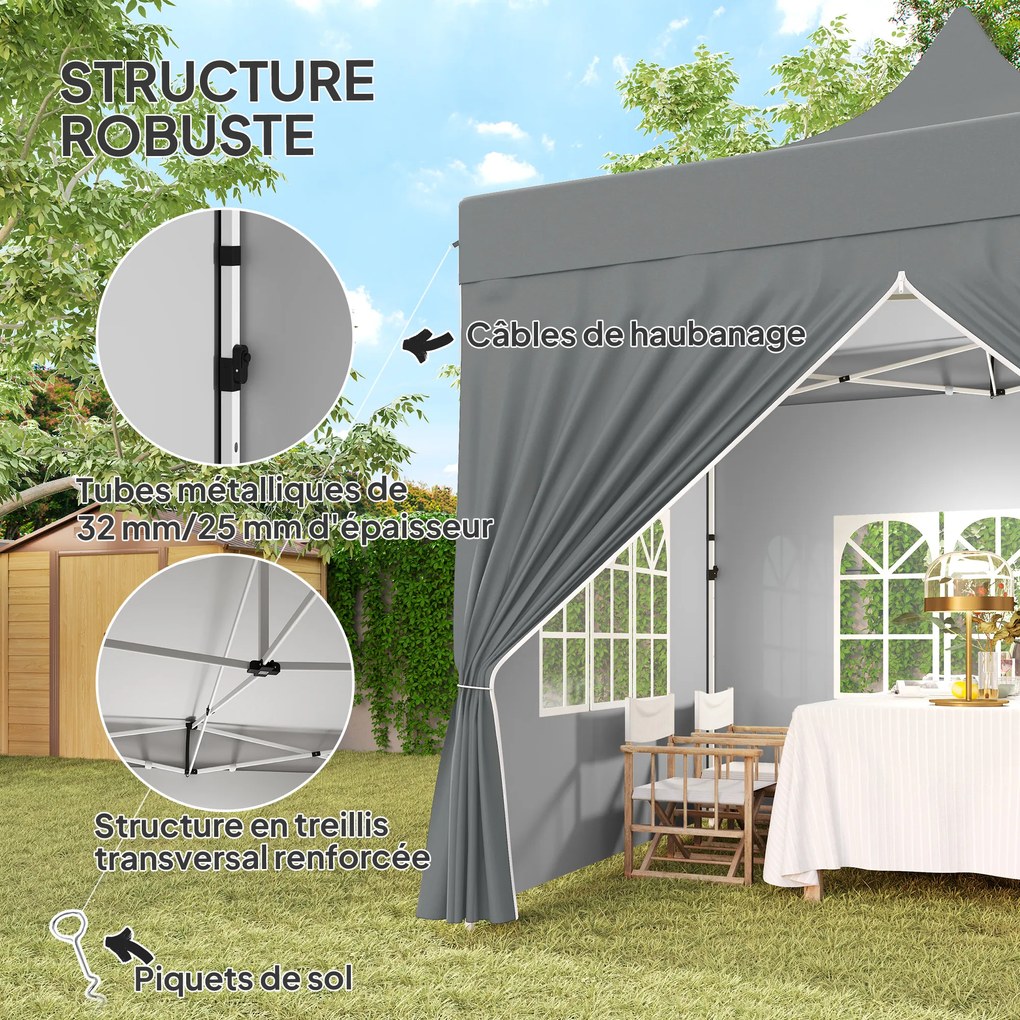 Tenda de jardim dobrável 3 x 3 m, 4 paredes laterais removíveis, 3 janelas, altura ajustável, saco de transporte cinzento