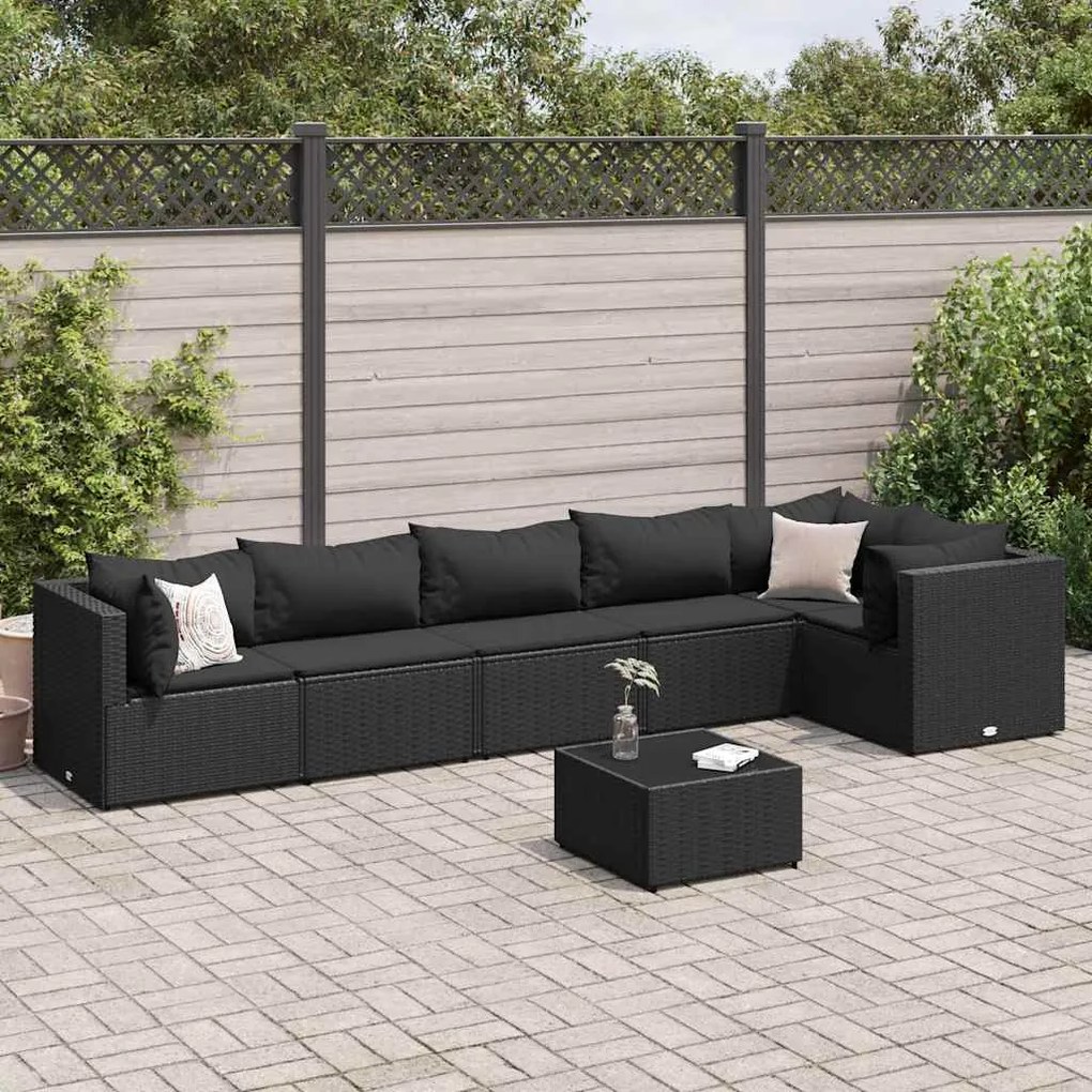 vidaXL 7 pcs conjunto lounge de jardim c/ almofadões vime PE preto