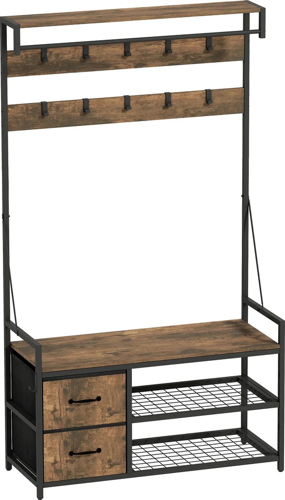 HOMCOM Móvel Cabide de Entrada com Banco 10 Ganchos 2 Gavetas e Barra para Pendurar Estilo Industrial 100x40x180 cm Castanho Rústico | Aosom Portugal