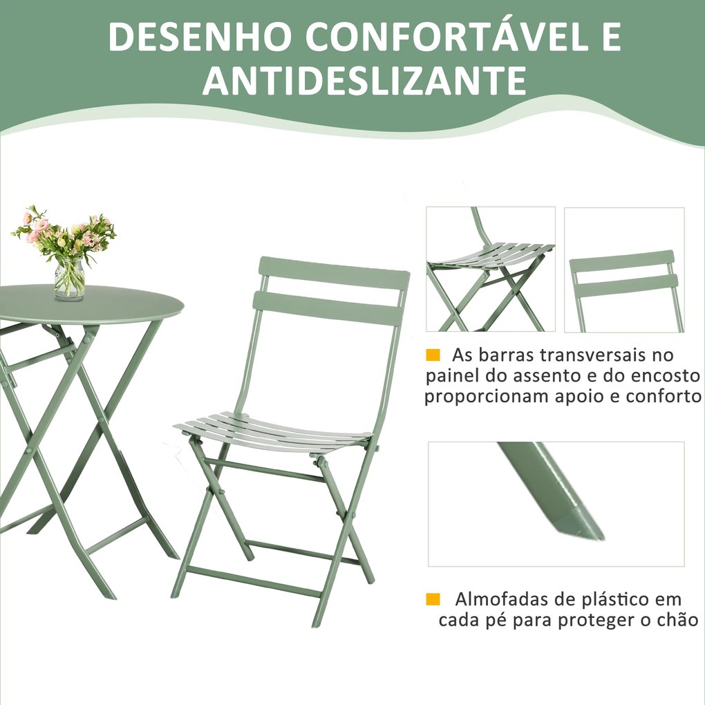 Conjunto de Móveis de Jardim Dobráveis Conjunto de 1 Mesa Redonda e 2 Cadeiras de Varanda com Estrutura de Aço Verde Escuro