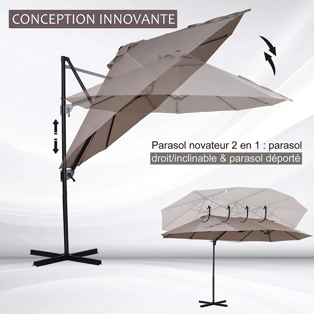 Guarda-sol deslocado de grandes dimensões XXL, inclinável, com base em cruz, dim. 4,45 x 2,7 x 2,6 m, base em aço incluída, poliéster castanho