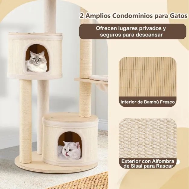 Arranhador para gatos 58 x 152 cm com postes de sisal e tapete 2 cavernas, Brinquedo suspenso Almofada lavável de pelúcia para interior Natural