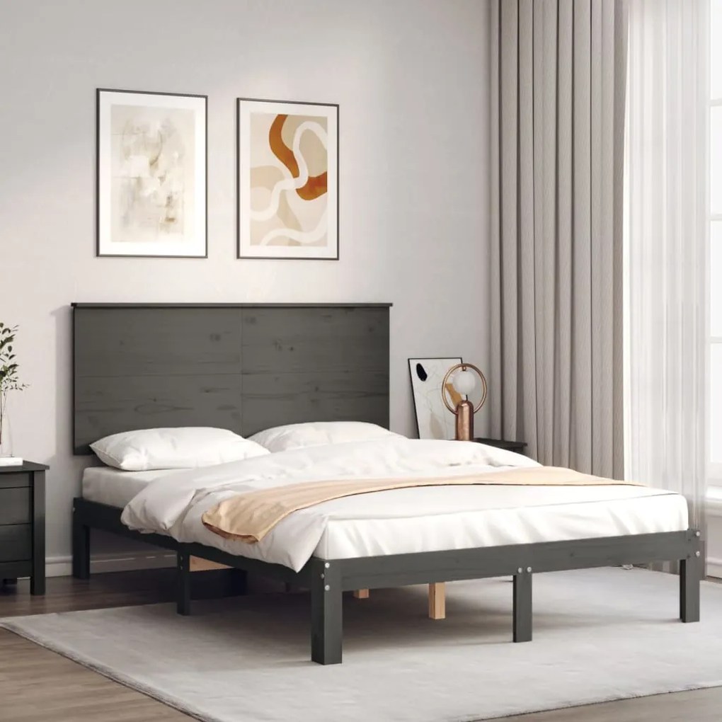 Estrutura de cama com cabeceira 140x190 cm madeira maciça cinza