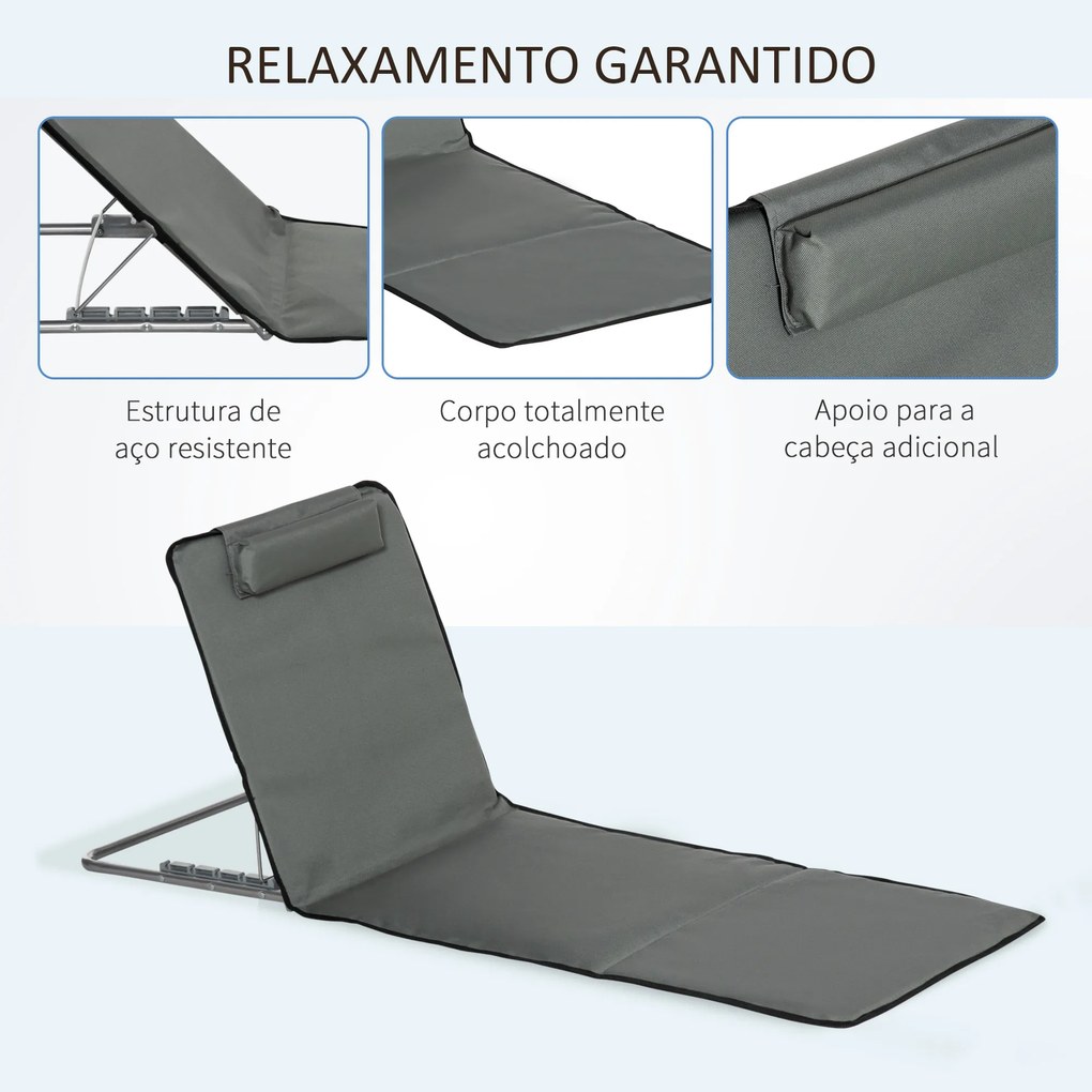 Conjunto de 2 Esteiras de Praia Dobráveis 124x53x50cm com Encosto Ajustável e Apoio para a Cabeça Esteira de Praia Tecido Oxford Aço com Bolsa de Tran