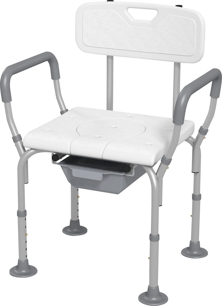 Cadeira de duche com orifício para sanita, balde, altura ajustável, pés antiderrapantes, carga máxima de 136 kg, em alumínio e HDPE branco