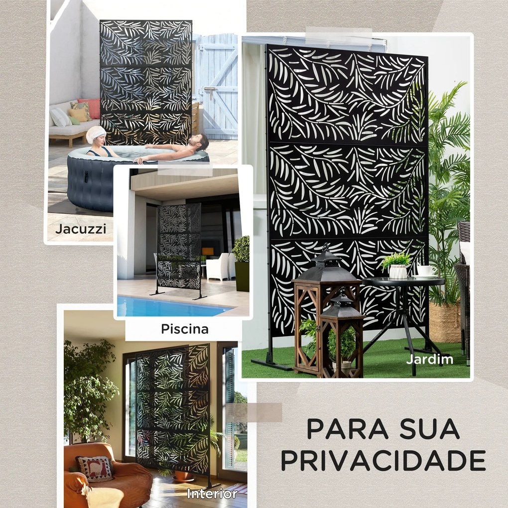 Biombo de 3 Peças Separador de Ambiente com Desenho em Ramos Biombo para Exterior 122x45x198 cm Preto