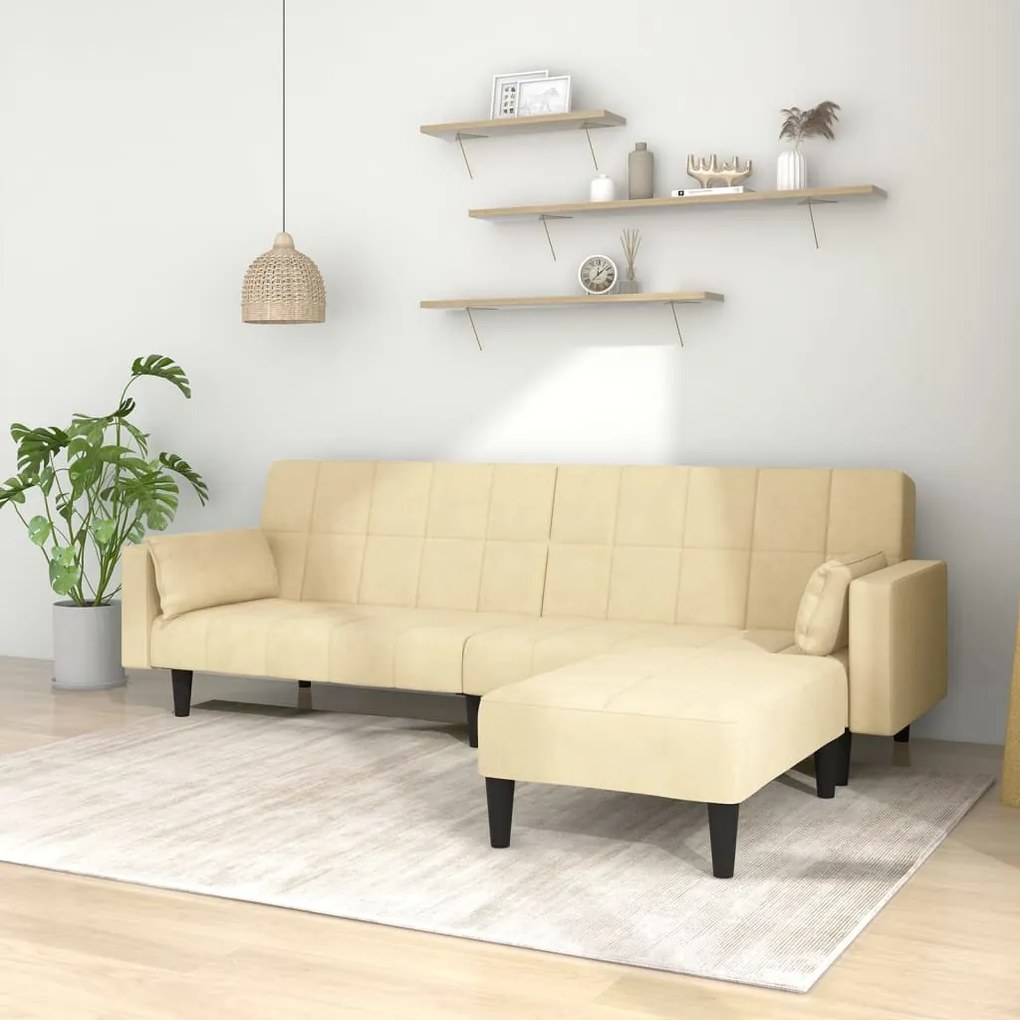3080706 vidaXL Sofá-cama 2 lug. c/ 2 almofadas e apoio de pés veludo cor creme