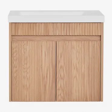 Conjunto De Móvel De Casa De Banho Suspenso Em Madeira Com Lavatório Integrado Narek Castanho Fresno & Sem Espelho & Sem Torneira - Sklum