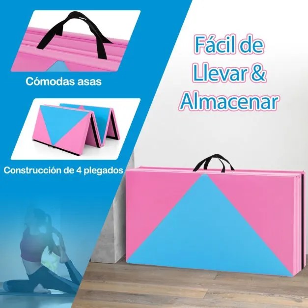 Colchão de ginástica dobrável Tapete de tumbling em couro PU com fechos para ioga 240 x 117 x 5 cm Azul e Rosa