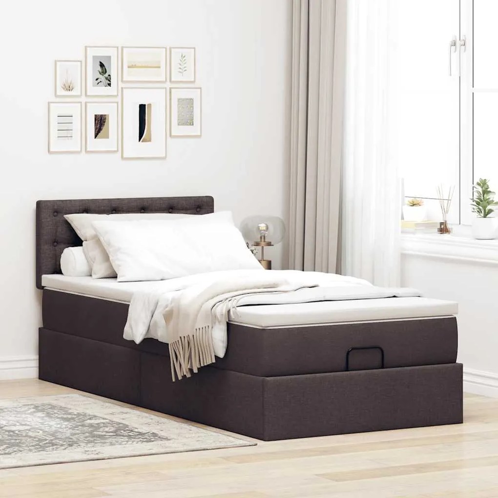 Cama otomana com colchão 100x200 cm tecido castanho escuro