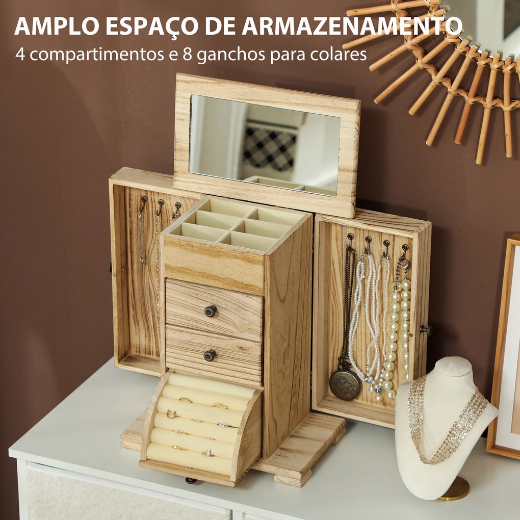 Caixa Joias de Madeira de 4 Níveis Organizador de Joias com 2 Gavetas e Espelho 26,5x16x33,5 cm Madeira