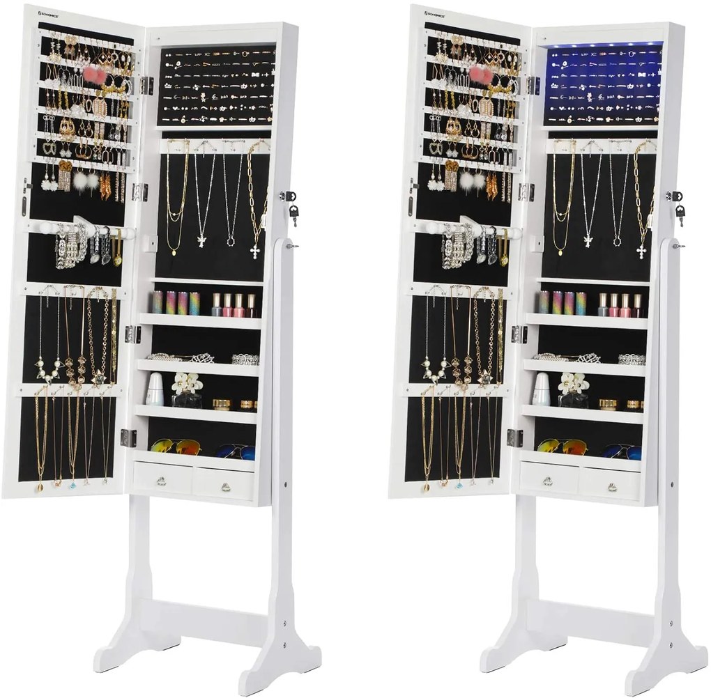 Armário para jóias com espelho com LED 41 x 151 x 36,5 cm branco