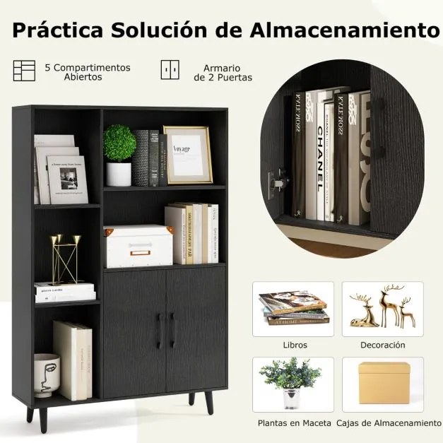 Estante com portas duplas 80 x 23,5 x 119 cm com 5 compartimentos abertos Preto